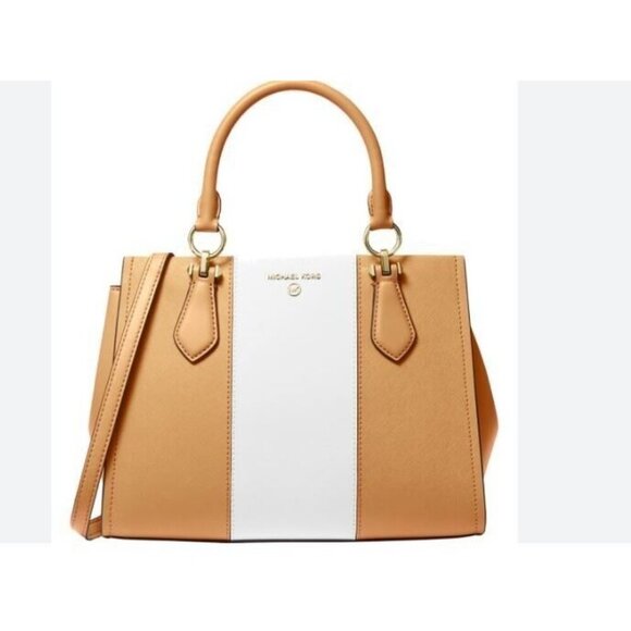 MICHAEL KORS Marilyn two-tone faux-leather medium satchel crossbody-PEANUT/WHITE - Picture 1 of 10